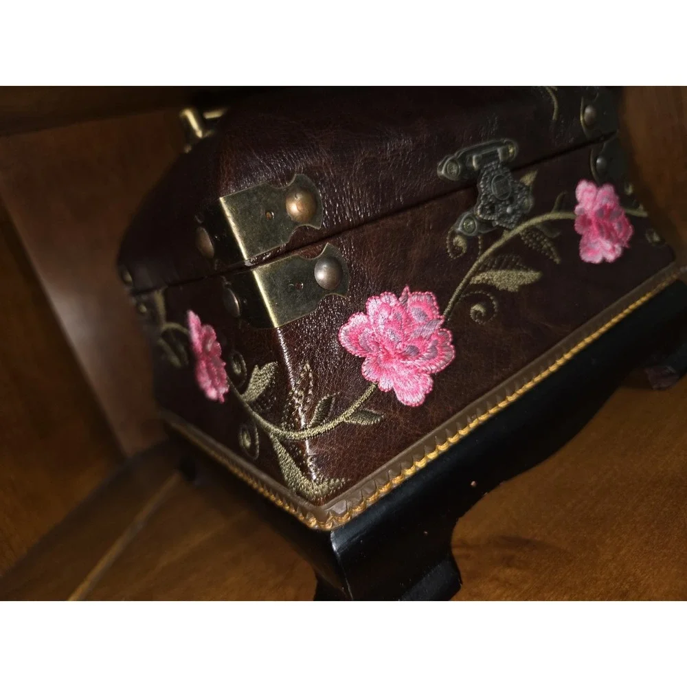 Brown Faux Leather Floral Decorative Box with Embroidered Flowers